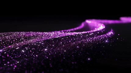 Wall Mural - A stream of purple glitter appears on a black background. The glitter fell in a way that looked like it was blown by the wind. The scene was quirky and fun.