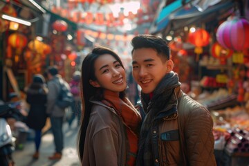 Wall Mural - Portrait of a blissful asian couple in their 20s showing off a lightweight base layer while standing against bustling urban market