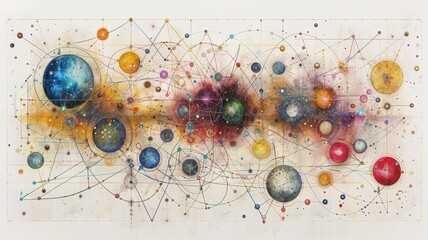Colorful abstract representation of the universe with interconnected planets and stars, creating a cosmic and artistic visual experience.
