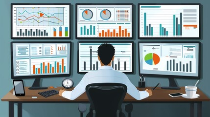 Aufkleber - Businessman working with multiple monitors full of charts.