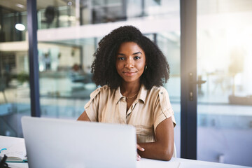 Poster - Portrait, confidence and black woman in office with laptop, pride and business development manager at desk. About us, advisor or consultant with opportunity, notes and career growth at online agency