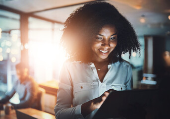 Poster - Tablet, night and business woman in office with stock market analysis for risk management. Digital technology, research and African female financial broker with foreign exchange trading for client.