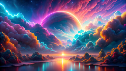 Canvas Print - Abstract fantasy background with beautiful sky and neon clouds.
