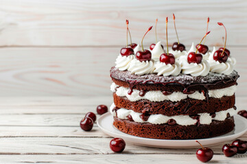 Poster - Black forest cake with dark chocolate, whipped cream and cherry on white wooden table. Schwarzwald pie.