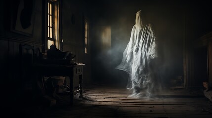 28. A ghostly figure walking through an old, creaky house