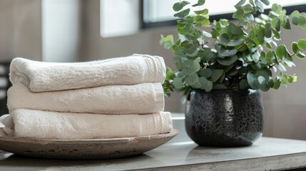 Canvas Print - Neutral colored cotton towels on a table with a pot of eucalyptus branches in a modern bathroom