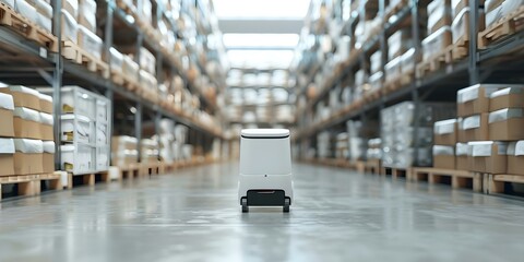 Wall Mural - Delivery robot with sensors parked in warehouse filled with shelves of goods. Concept Autonomous Robotics, Warehouse Automation, Sensor Technology, Smart Logistics, Robotics in Warehousing