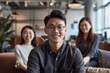 © Dina - business entrepreneurship - asian tech  startup founder or executives, minimalist office interior. smiling, talking to investors. people in modern workspace.
