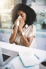 Poster - Business woman, laptop and blowing nose with tissue for sinus, hayfever or illness at office. Sick female person or employee with sneeze, virus or influenza for flu, cold or allergies at workplace