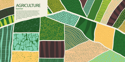 Agriculture field pattern banner, aerial view. Countryside grassland, farm land from top. Geometric farmland patches, padded mosaic country background, natural patchwork texture