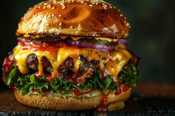 Wall Mural - Delicious Juicy Cheeseburger with Fresh Lettuce, Tomato, and Onion on a Sesame Seed Bun