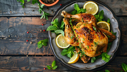 An appealing grilled chicken dish served with fresh mint leaves and lemon.