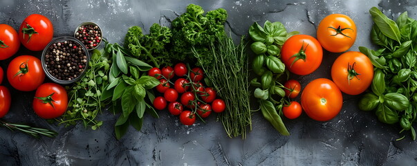 Wall Mural - Assorted mix of vegetables with leafy greens, on grey marble background, flat lay, top view, banner. Organic food, farm markets, vegetarian diet. Concept of healthy and natural products