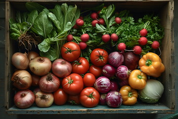 Wall Mural - Wooden crate with fresh vegetables. Assortment includes tomato, onion, bell pepper, radish, leafy greens. Rustic feel, farm produce. Organic food concept