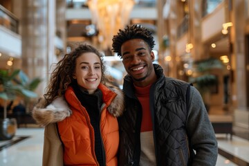 Sticker - Portrait of a cheerful mixed race couple in their 20s dressed in a water-resistant gilet while standing against luxurious hotel lobby