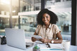 © peopleimages.com - Laptop, tablet and portrait of black woman in office with notes, planning or happy corporate advisor at desk. Businesswoman, online consultant or confident business development manager on digital app