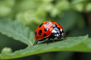 Poster - Red ladybug with black spots rests on vibrant green leaf in garden setting