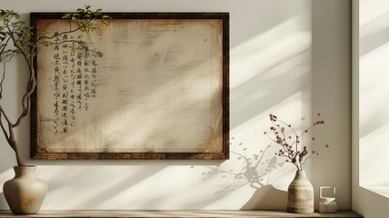 Wall Mural - Calligraphy scroll in frame, vases on sunlit table with shadows