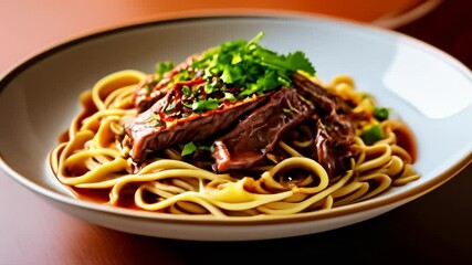 Wall Mural -  Delicious beef stirfry with noodles and garnish