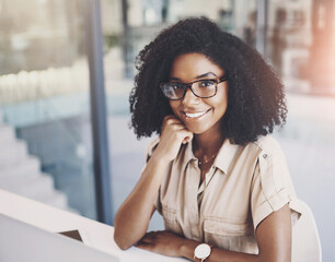 Aufkleber - Administrator, portrait and smile of black woman in office, working and professional career in corporate. Workplace, laptop and female assistant with pride for business, coordinate schedule and email
