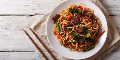 Wall Mural - Classic Chinese Beef Lo Mein Recipe. Concept Chinese Cuisine, Beef Recipes, Noodles, Easy Dinner Ideas