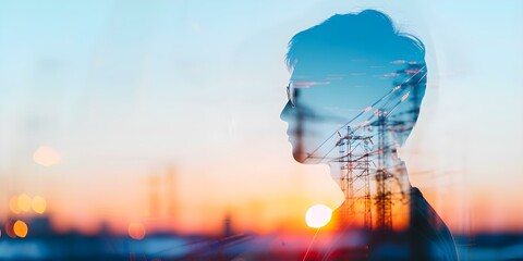 Aufkleber - Innovative double exposure art showcasing future power energy business in factory setting. Concept Double Exposure Art, Future Power Energy, Factory Setting, Innovative Artwork