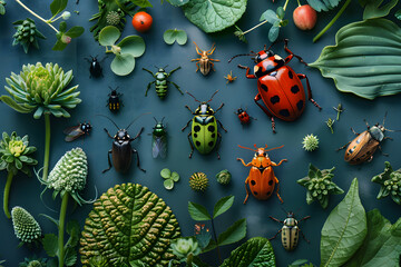 Green and Red Beetles with Plants on Blue Background.