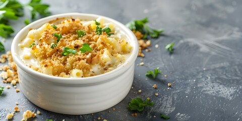 Wall Mural - Homemade Creamy Mac and Cheese with Crispy Breadcrumbs A Comfort Food Delight. Concept Recipes, Mac and Cheese, Comfort Food, Homemade, Breadcrumbs