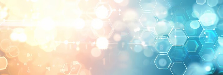 Poster - Abstract molecular design with hexagonal elements on a gradient background. Perfect for healthcare and scientific presentations. Concept of medical and pharmaceutical innovation.
