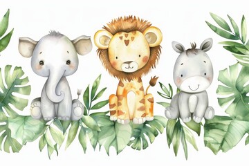 Sticker - In 3D style, a safari animal set includes elephants, lions, zebras, hippopotamuses and giraffes sitting under a palm leaf. Stock Photo.