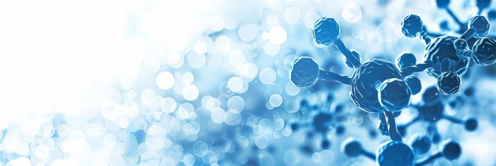 Poster - Blue molecular structure against a light bokeh background. Ideal for medical and scientific presentations. Concept of healthcare and pharmaceutical research.