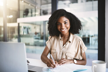 Poster - Laptop, notes and portrait of black woman at desk with ideas, research and happy planning in office. Businesswoman, online consultant or confident business development manager writing in notebook