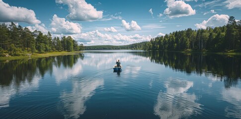 Poster - An outdoor summer scene featuring a road and green forests near a blue lake.
