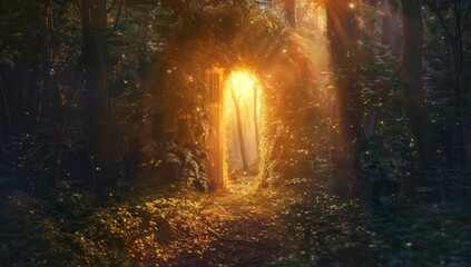 Wall Mural - in the forest, a magical arch made of tree branches is carved into the ground