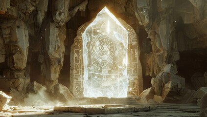 Wall Mural - the portal in the stone arch of a mountain cave is decorated with magical symbols
