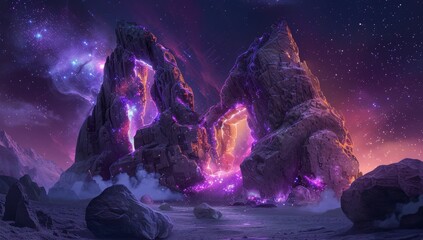 Wall Mural - in a starry sky, an alien planet has a magnificent crystal portal