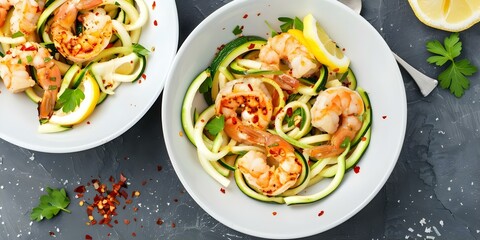 Wall Mural - Delicious Shrimp Zucchini Noodles with Parmesan, Chili Flakes, and Lemon in White Bowls. Concept Healthy Recipes, Seafood Dishes, Low Carb Meals, Quick Dinners, Homemade Cooking