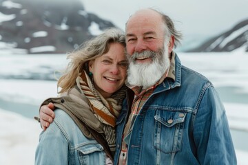 Canvas Print - Portrait of a grinning caucasian couple in their 50s sporting a rugged denim jacket while standing against backdrop of an arctic landscape