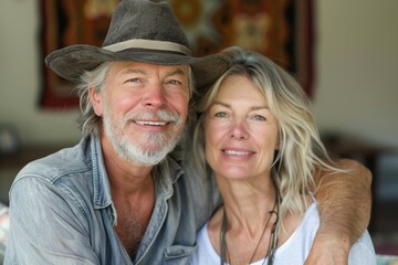 Wall Mural - Portrait of a grinning couple in their 50s donning a classic fedora in front of serene meditation room