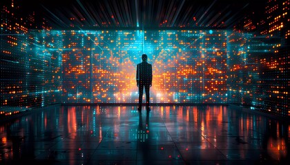 Wall Mural - AI in Business Network Cyber Defense, businessman utilizing virtual cybersecurity technology for comprehensive online data protection, securing data storage on a global business network server.