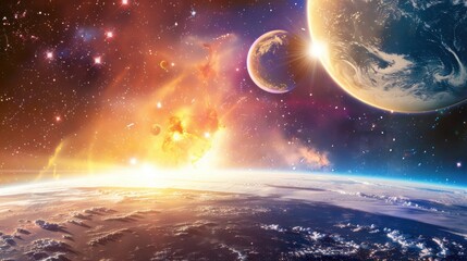 Sticker - cosmic sunrise with planets and stars
