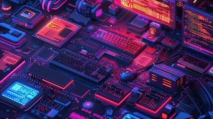 Poster - Futuristic Technology Background with Neon Lights.