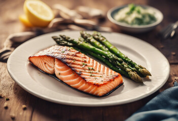 Wall Mural - perfectly grilled salmon fillet with a side of tender asparagus