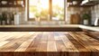 © Nene - Empty Wooden Countertop in a Modern Kitchen with Blurred Background, Representing Culinary Preparation Space, Home Cooking, and Kitchen Design, Food, Interior Decor, and Domestic Life.