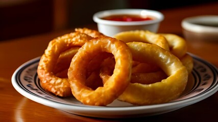 Wall Mural -  Delicious golden onion rings served with a dipping sauce