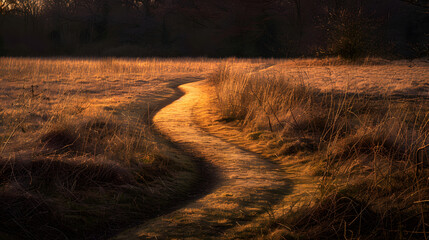 Wall Mural - A path in a field of grass with the sun shining on it