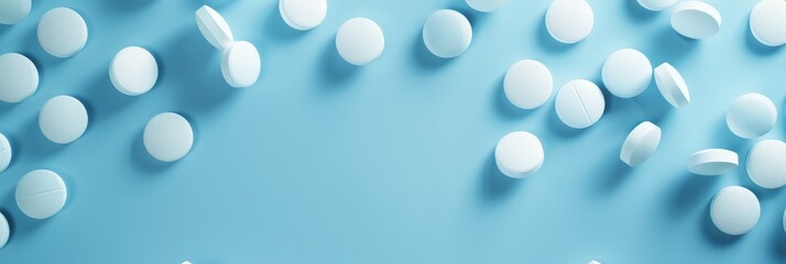 Poster - Scattered white pills on a pastel blue background. Pharmaceutical concept with various medications. Healthcare and medicine imagery.