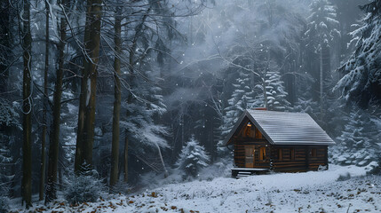 Wall Mural - a cabin in the woods with snow on the ground