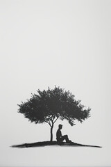 Wall Mural - A black and white sketch of a person sitting under a tree