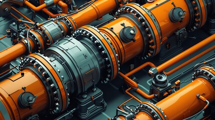 Futuristic orange and grey industrial pipe system.